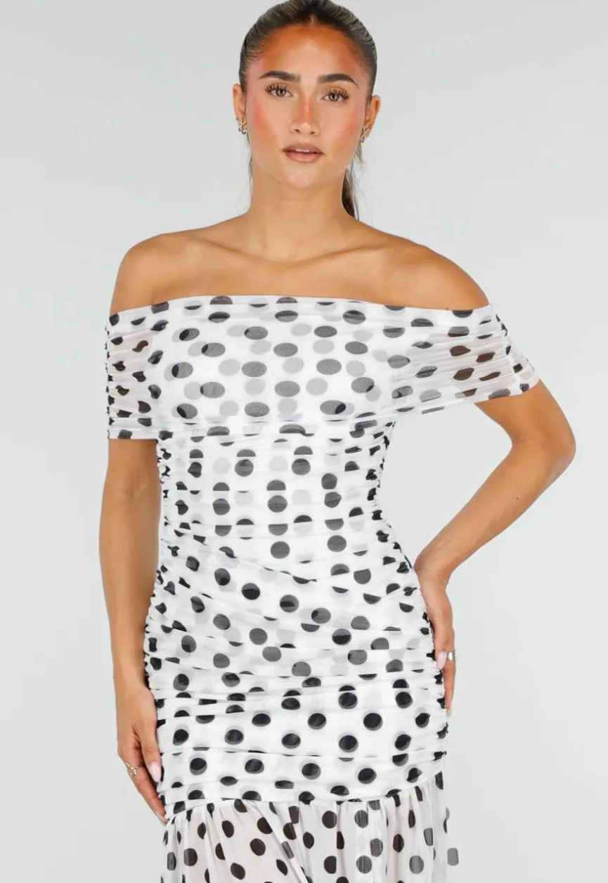 Witte Mesh Polkadot Maxi Jurk met Split