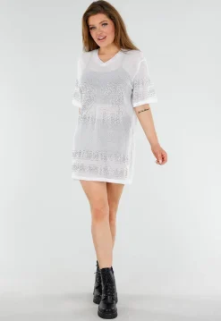Witte Mesh T-Shirtjurk met Zilveren Glitters en Jerseyprint