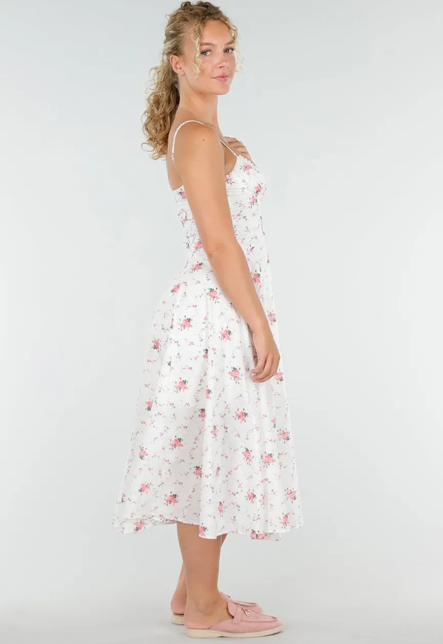 Witte Midi Jurk met Bloemenprint en Korsetdetail