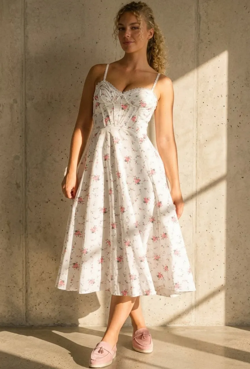 Witte Midi Jurk met Bloemenprint en Korsetdetail