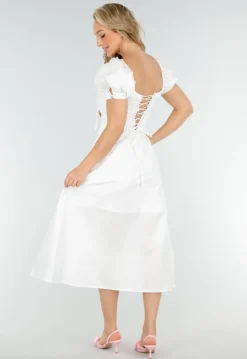 Witte Midi Jurk met Pofmouwen, Vetersluiting en Strikkoord