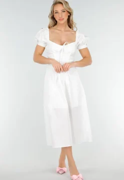 Witte Midi Jurk met Pofmouwen, Vetersluiting en Strikkoord