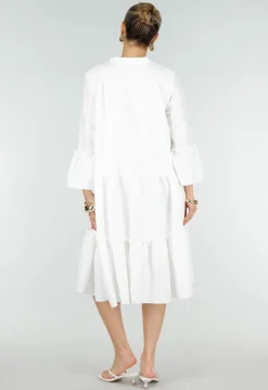 Witte Midi Jurk met V-hals en Ruffle Details