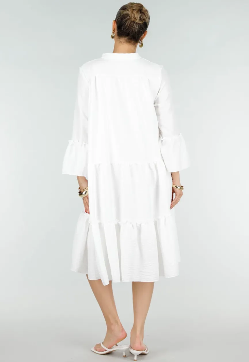 Witte Midi Jurk met V-hals en Ruffle Details