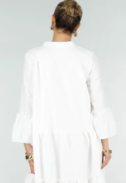 Witte Midi Jurk met V-hals en Ruffle Details