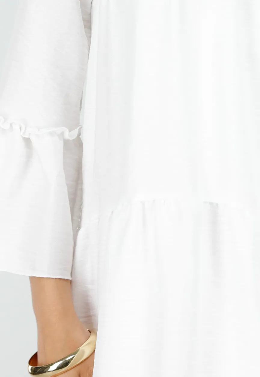Witte Midi Jurk met V-hals en Ruffle Details