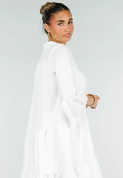 Witte Midi Jurk met V-hals en Ruffle Details