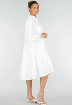 Witte Midi Jurk met V-hals en Ruffle Details
