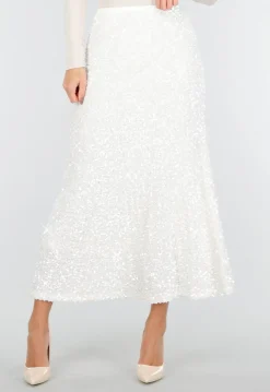Witte Midi Rok met All Over Pailletten en Subtiele Uitlopende Zoom