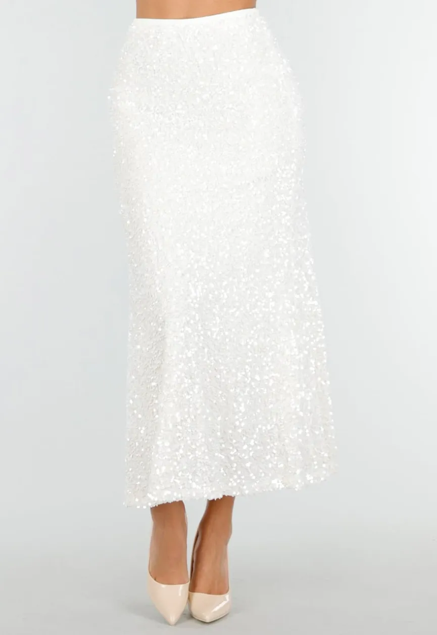 Witte Midi Rok met All Over Pailletten en Subtiele Uitlopende Zoom