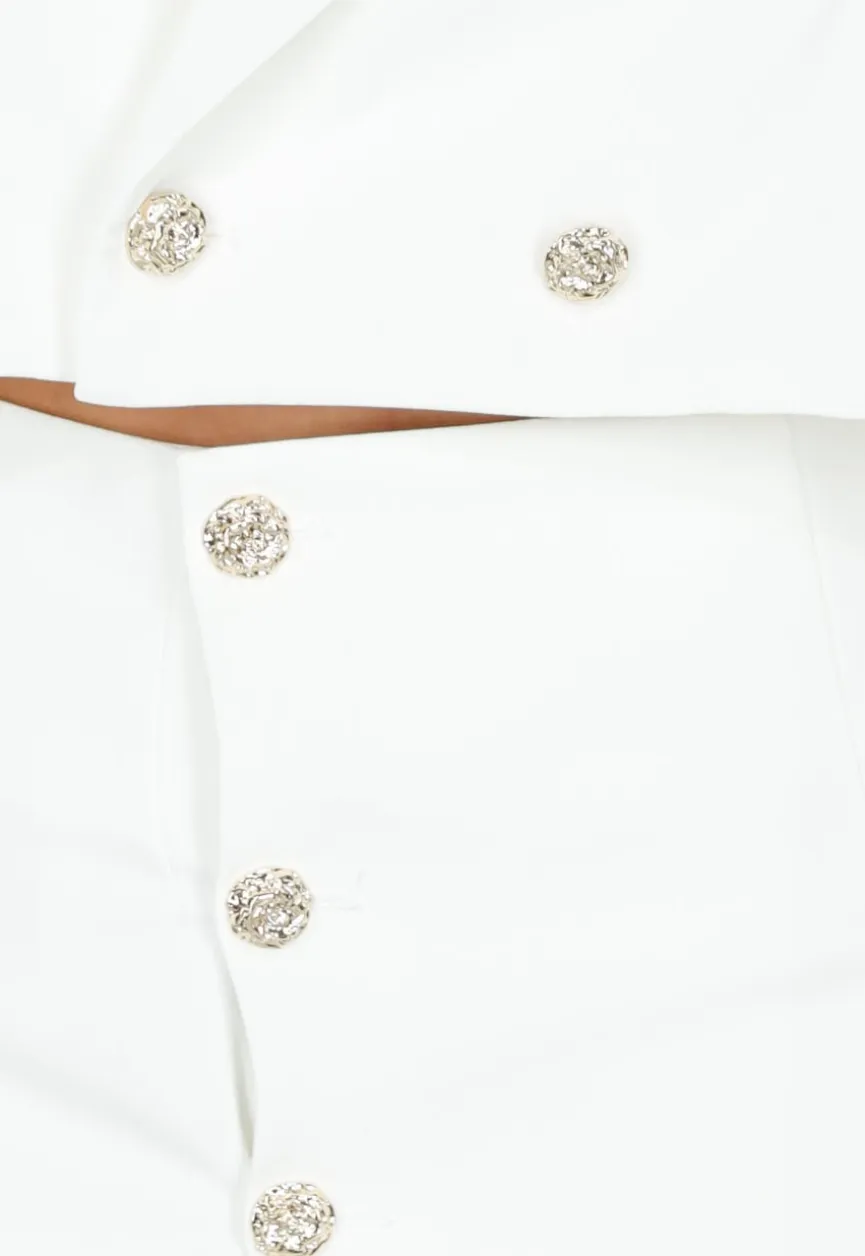 Witte Mini Rok met Overslag en Goudkleurige Knopen