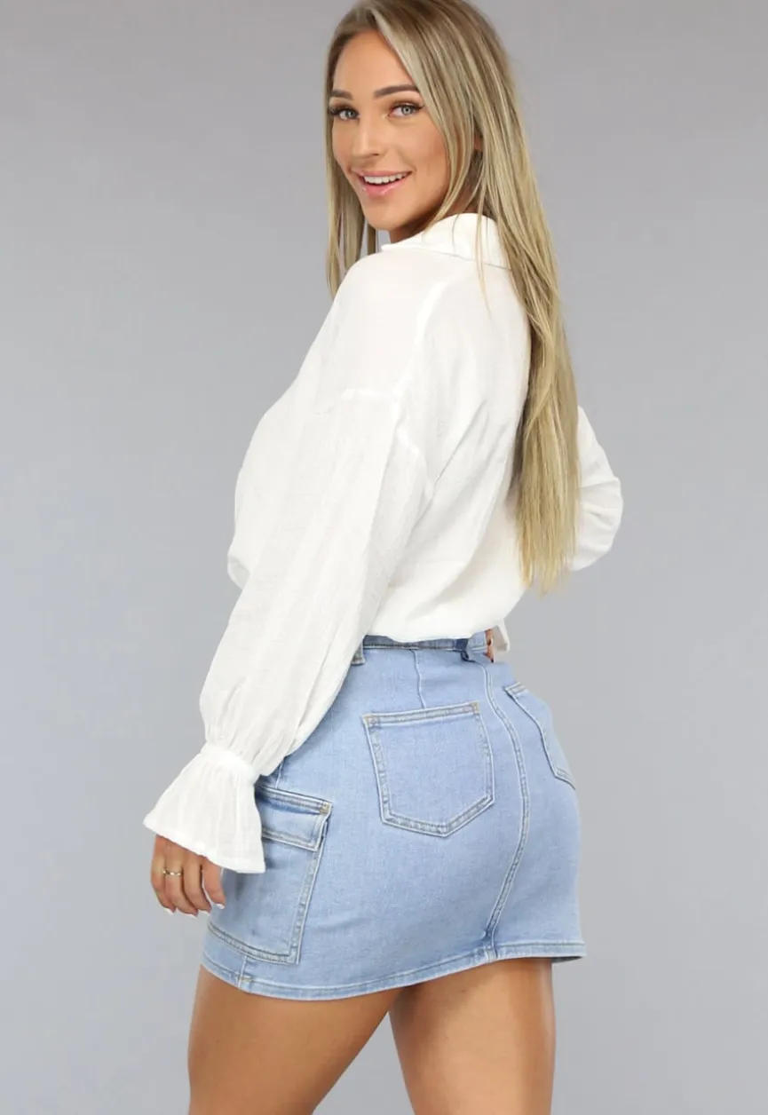 Witte Mousseline Blouse met Trompetmouwen