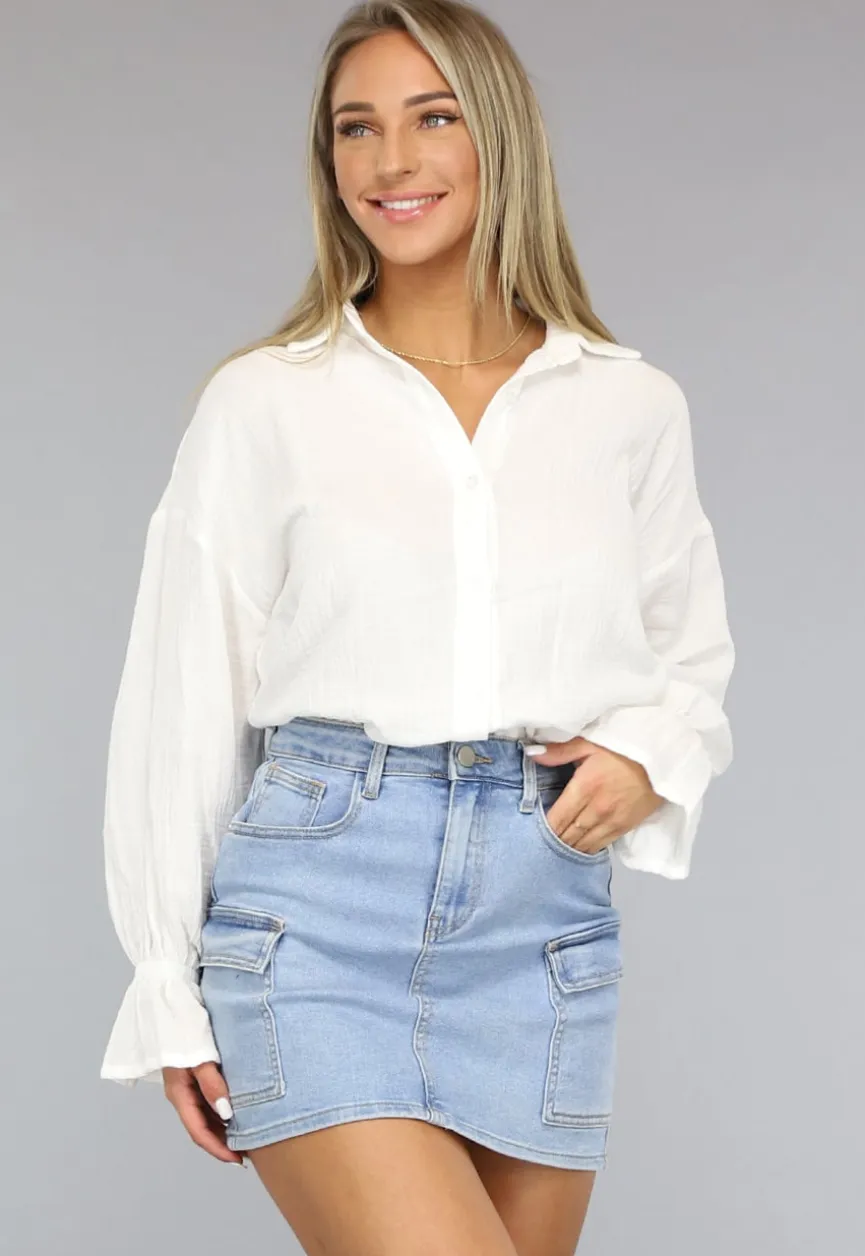 Witte Mousseline Blouse met Trompetmouwen