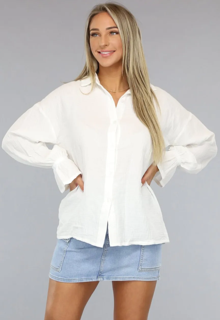 Witte Mousseline Blouse met Trompetmouwen
