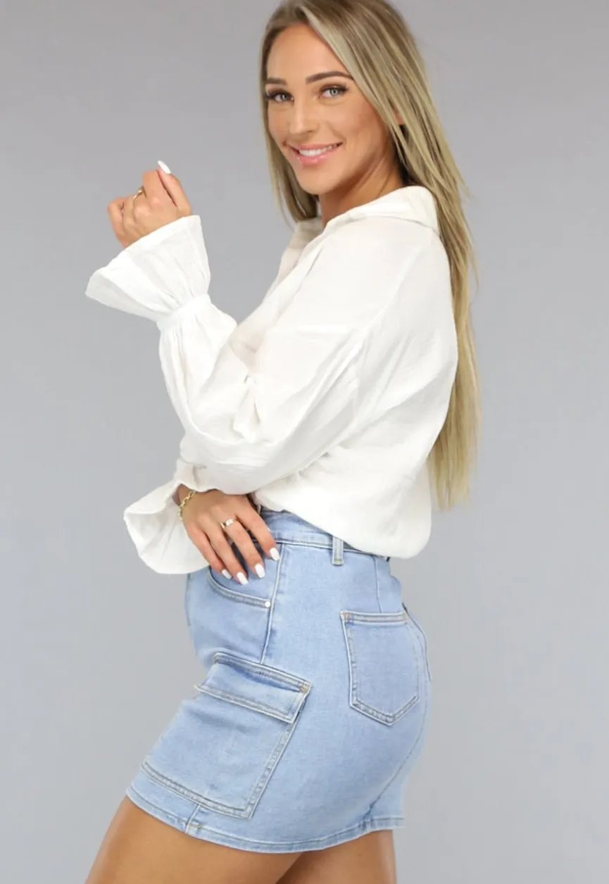 Witte Mousseline Blouse met Trompetmouwen