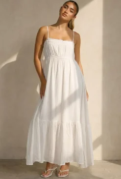 Witte Mousseline Maxi Jurk met Spaghettibandjes en Smokdetail