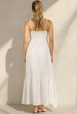 Witte Mousseline Maxi Jurk met Spaghettibandjes en Smokdetail