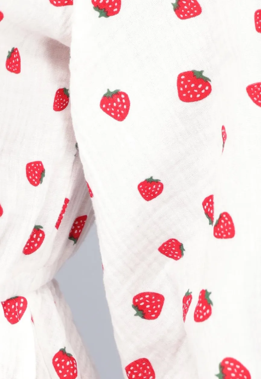 Witte Mousseline Overslag Jurk met Aardbeien
