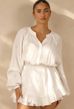 Witte Mousseline Playsuit met Broderie Details en Volants