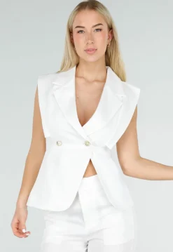 Witte Mouwloze Blazer Top met Knopen en Reverskraag