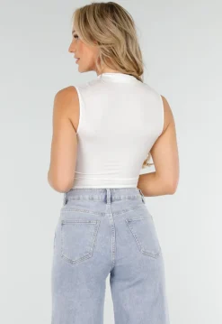 Witte Mouwloze Crop Top met Haaksluiting en Stretch