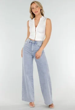 Witte Mouwloze Crop Top met Haaksluiting en Stretch