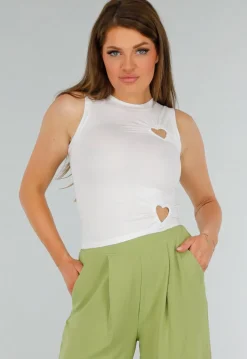 Witte Mouwloze Stretch Cropped Top met Hart Cut Outs