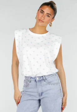 Witte Mouwloze Top met Lichtblauwe Stippen en Schoudervulling