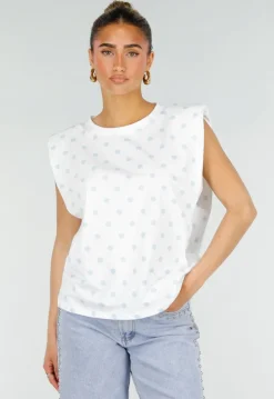 Witte Mouwloze Top met Lichtblauwe Stippen en Schoudervulling