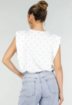 Witte Mouwloze Top met Lichtblauwe Stippen en Schoudervulling