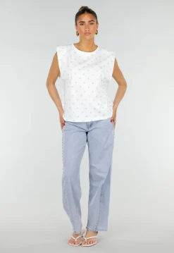 Witte Mouwloze Top met Lichtblauwe Stippen en Schoudervulling