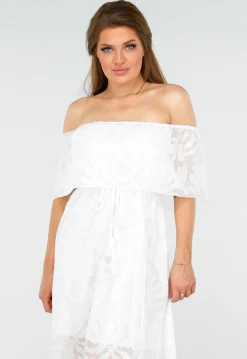 Witte Off Shoulder Maxi Jurk met Kant en Taillekoord