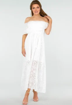 Witte Off Shoulder Maxi Jurk met Kant en Taillekoord
