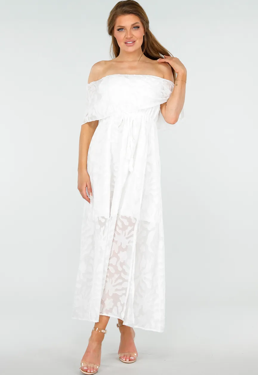 Witte Off Shoulder Maxi Jurk met Kant en Taillekoord