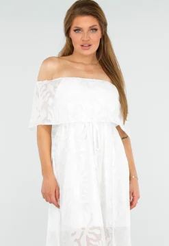 Witte Off Shoulder Maxi Jurk met Kant en Taillekoord