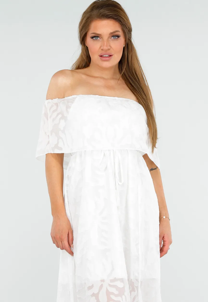 Witte Off Shoulder Maxi Jurk met Kant en Taillekoord