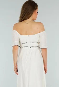 Witte Off Shoulder Maxi Jurk met Ruches en Elastische Tailleband