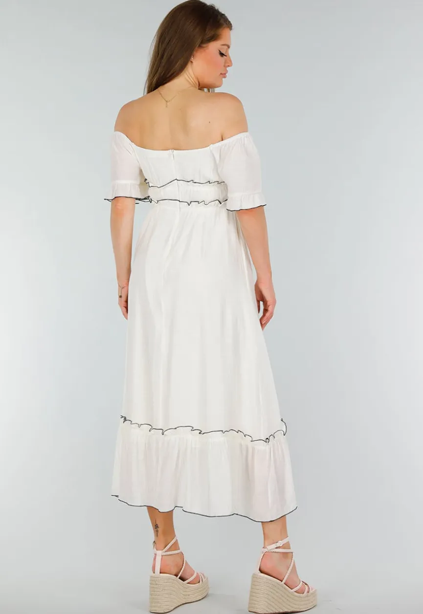 Witte Off Shoulder Maxi Jurk met Ruches en Elastische Tailleband