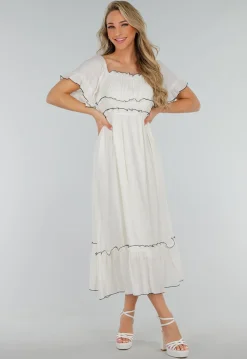 Witte Off Shoulder Maxi Jurk met Ruches en Elastische Tailleband