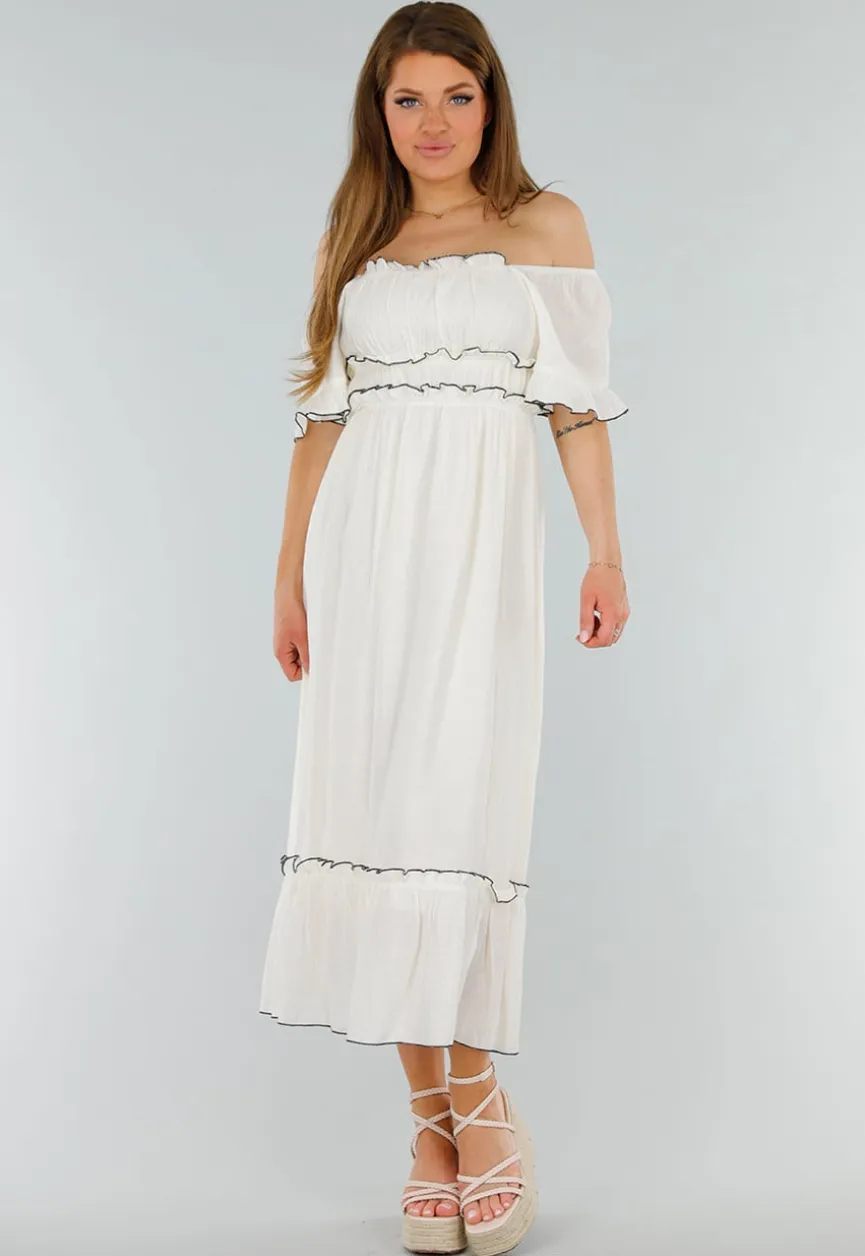 Witte Off Shoulder Maxi Jurk met Ruches en Elastische Tailleband