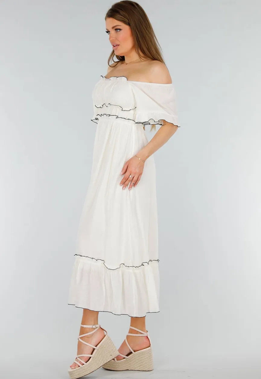Witte Off Shoulder Maxi Jurk met Ruches en Elastische Tailleband