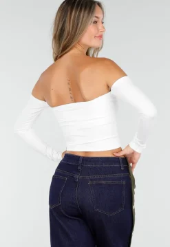 Witte Off Shoulder Top met Lange Mouwen en Stretchstof
