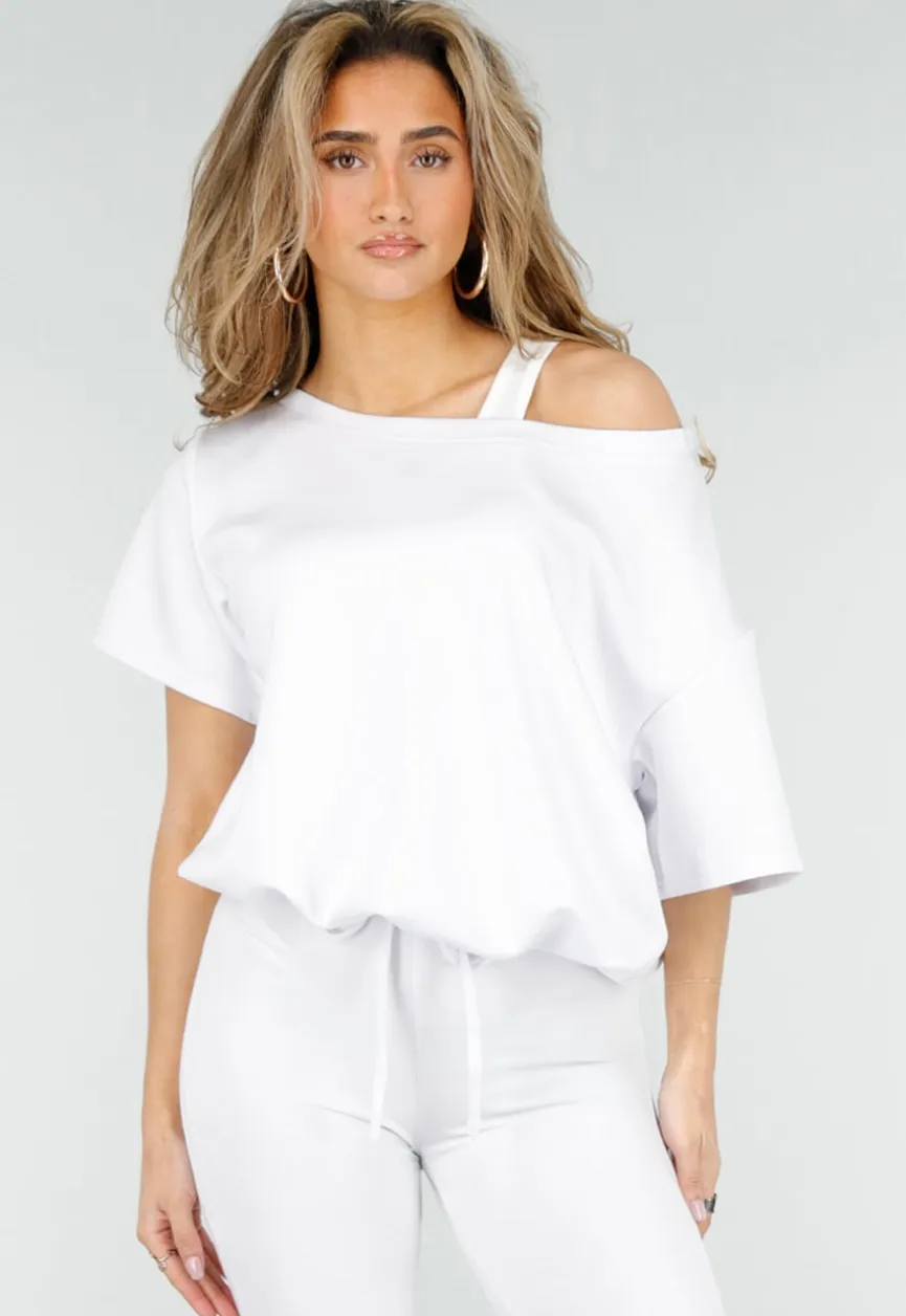 Witte One Shoulder Top met Ingewerkte Top en Stretch