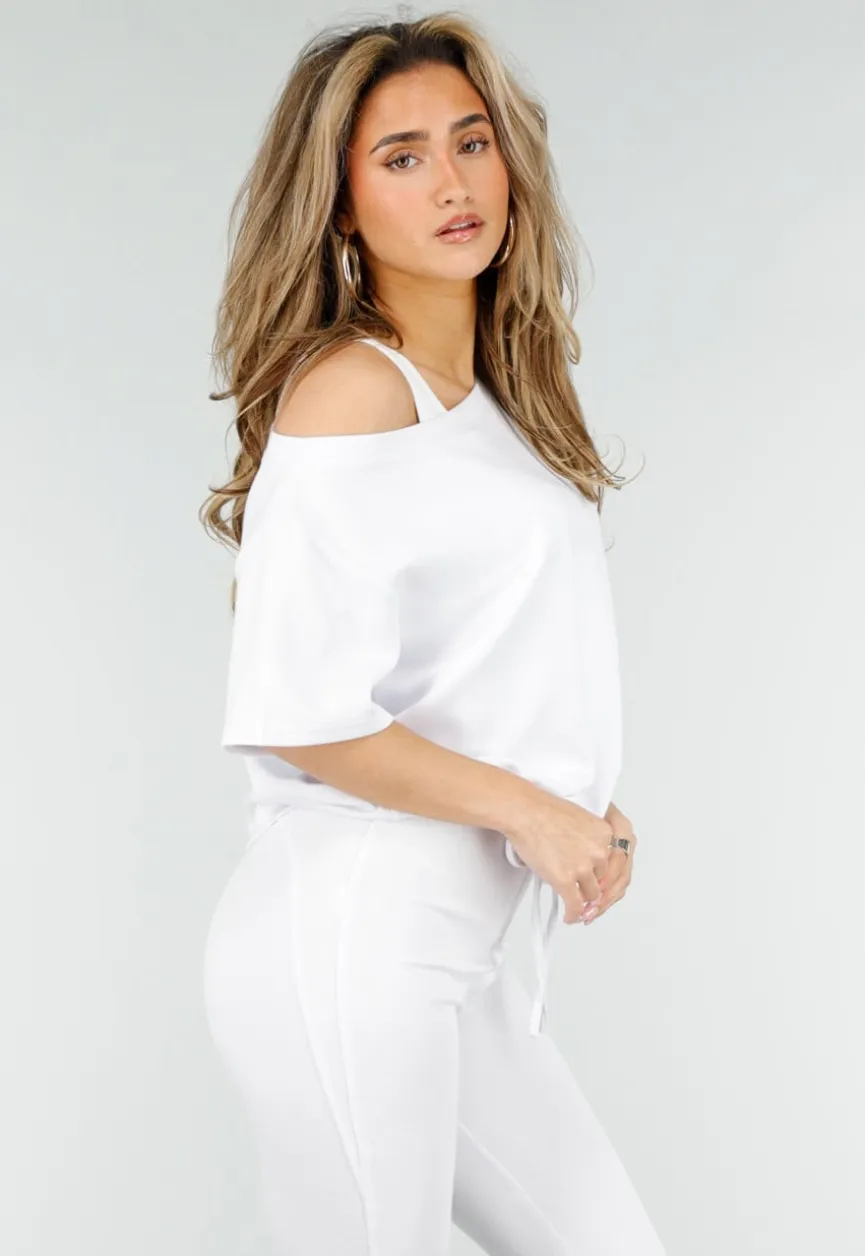 Witte One Shoulder Top met Ingewerkte Top en Stretch