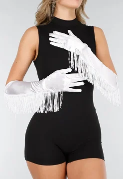 Witte Opera Handschoenen van Satijnlook met Franjes en Glanzende Afwerking