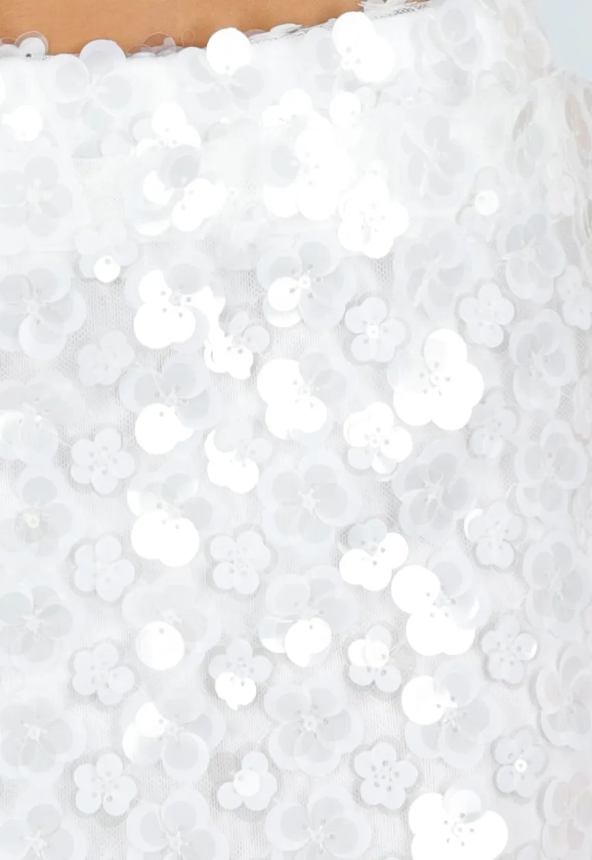 Witte Pailletten Mini Rok met Bloemen