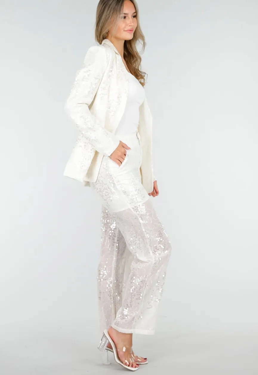 Witte Pailletten Set met Blazer en Rechte Broek