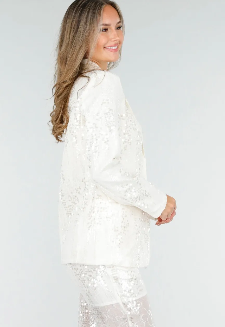Witte Pailletten Set met Blazer en Rechte Broek