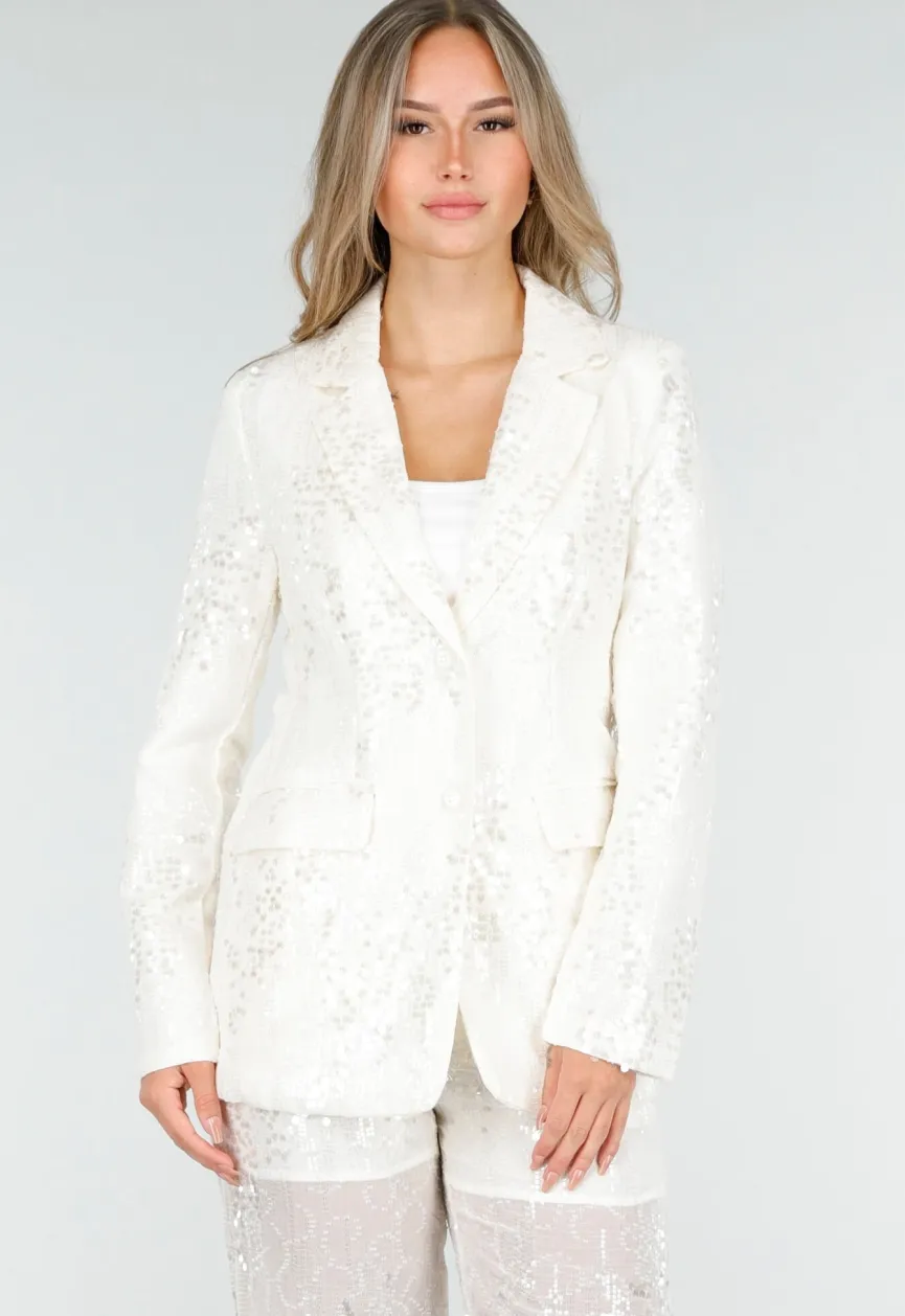 Witte Pailletten Set met Blazer en Rechte Broek