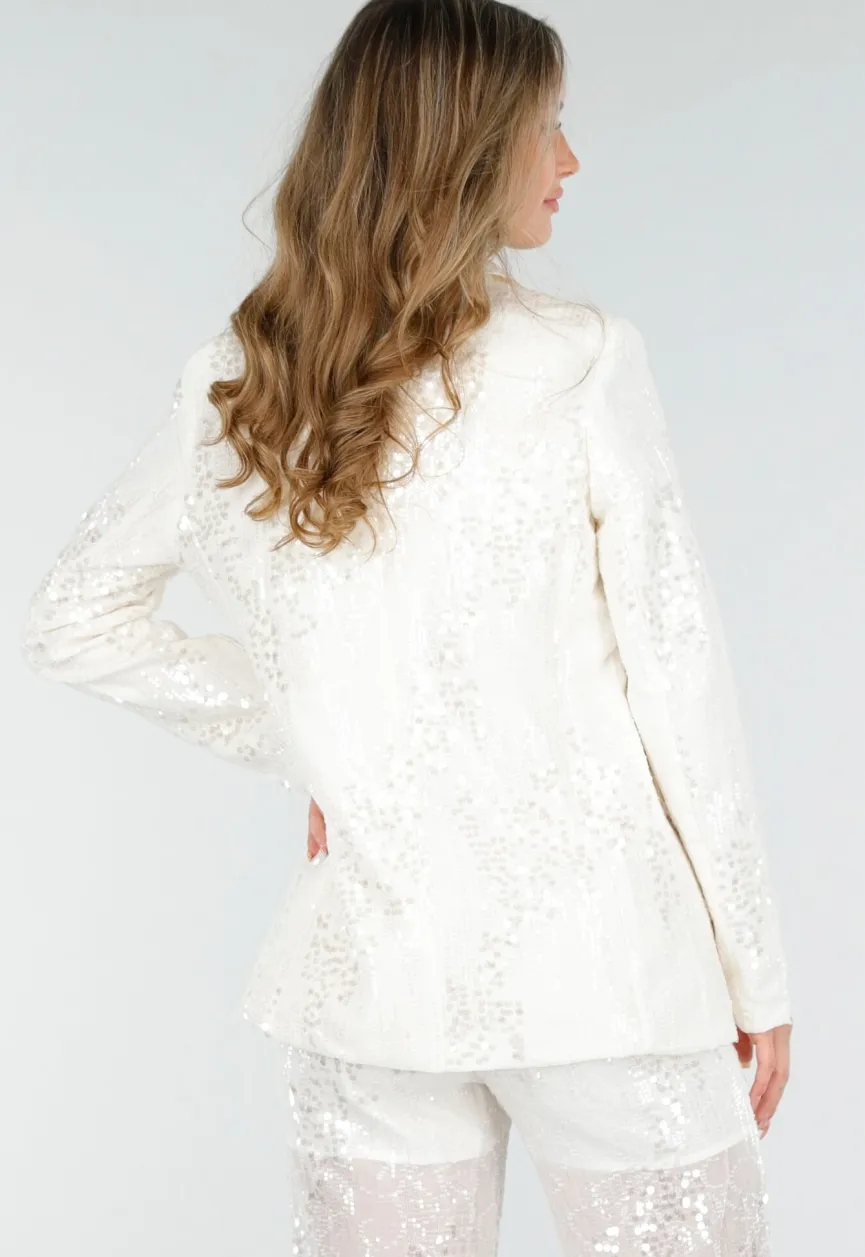 Witte Pailletten Set met Blazer en Rechte Broek